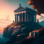 Image of a Greek temple standing on a hill overlooking the sea under a clear sky - Image 1