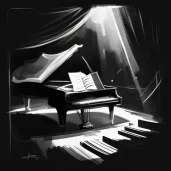 Grand piano under spotlight with fluttering sheet music in the air - Image 3