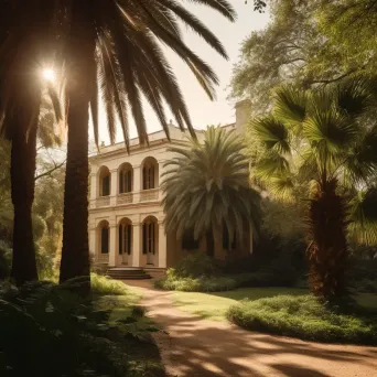 Colonial plantation house surrounded by gardens and palm trees in warm sunlight - Image 4