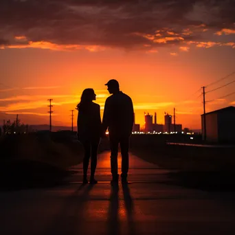 Couple holding hands silhouetted at sunset in black and white - Image 2