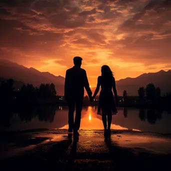 Couple holding hands silhouetted at sunset in black and white - Image 3