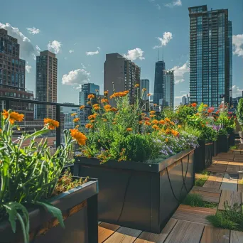 Top-down view of an urban rooftop garden with planters, flowers, and city skyline - Image 1