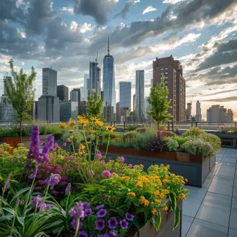 Top-down view of an urban rooftop garden with planters, flowers, and city skyline - Image 2