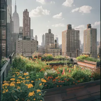 Top-down view of an urban rooftop garden with planters, flowers, and city skyline - Image 4