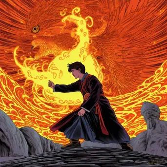 Artistic representation of young sorcerer summoning phoenix with ancient runes - Image 3