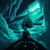 Captain sailing ship through icebergs under Northern Lights - Image 4