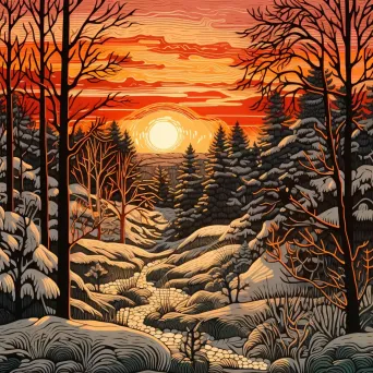 Woodcut print of a winter forest bathed in a warm sunset glow - Image 2