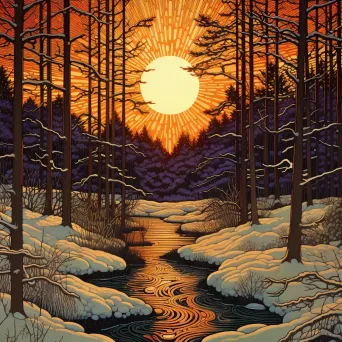 Woodcut print of a winter forest bathed in a warm sunset glow - Image 4