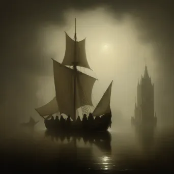 Ghostly Ship Sailing in Foggy Waters