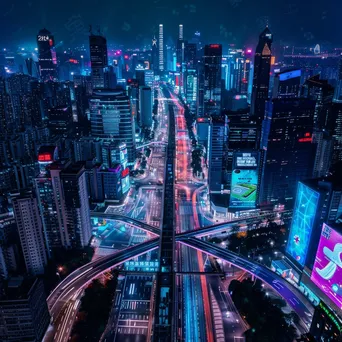 Aerial view of a futuristic city at night with AI billboards - Image 1