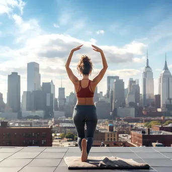 Two friends practicing yoga poses on a rooftop. - Image 1