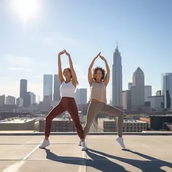 Two friends practicing yoga poses on a rooftop. - Image 2