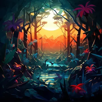 Low poly depiction of a dense jungle with vibrant colors and light effects - Image 1