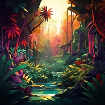 Low poly depiction of a dense jungle with vibrant colors and light effects - Image 2