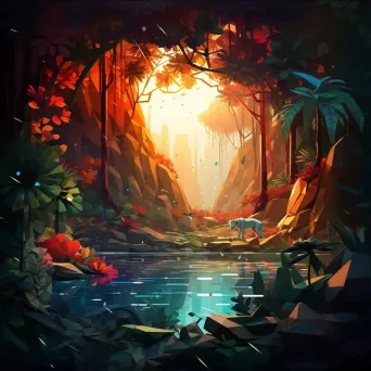 Low poly depiction of a dense jungle with vibrant colors and light effects - Image 3