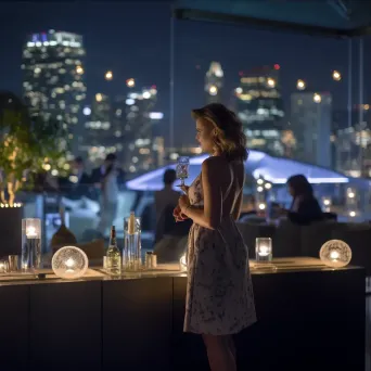 Luxurious rooftop bar with stylish decor overlooking city lights at night - Image 3