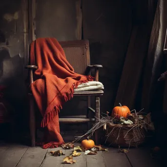 Rustic chair surrounded by colorful autumn leaves and a pumpkin - Image 1