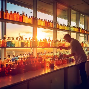 Laboratory with colorful reagents and scientist pouring solutions. - Image 3