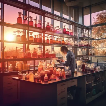 Laboratory with colorful reagents and scientist pouring solutions. - Image 4