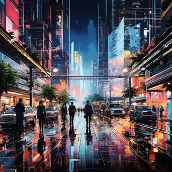 Futuristic, holographic cityscape basking in Neo-Tokyo aesthetics to illustrate the concept of Simulacra and Simulation - Image 1