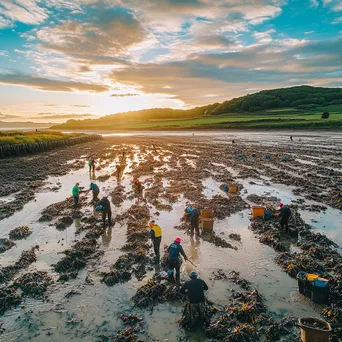 Workers collecting oysters on traditional beds at low tide - Image 1