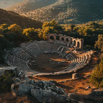 Ancient amphitheater surrounded by greenery under golden hour light - Image 1