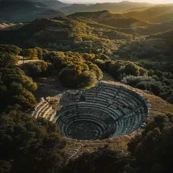 Ancient amphitheater surrounded by greenery under golden hour light - Image 3