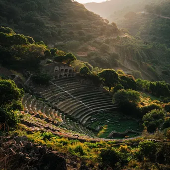 Ancient amphitheater surrounded by greenery under golden hour light - Image 4