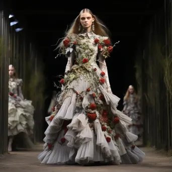 Flora and fauna fashion collection made from sustainable materials, staged amidst lush greenery, echoing Alexander McQueen