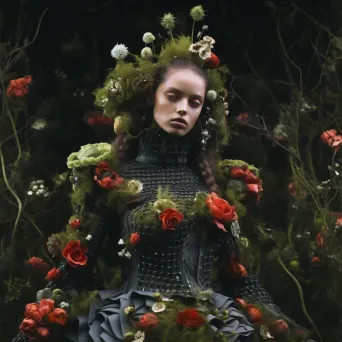 Flora and fauna fashion collection made from sustainable materials, staged amidst lush greenery, echoing Alexander McQueen