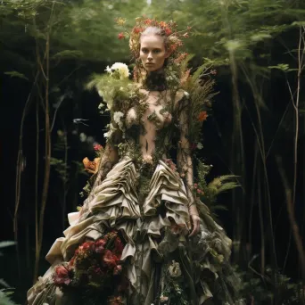 Flora and fauna fashion collection made from sustainable materials, staged amidst lush greenery, echoing Alexander McQueen