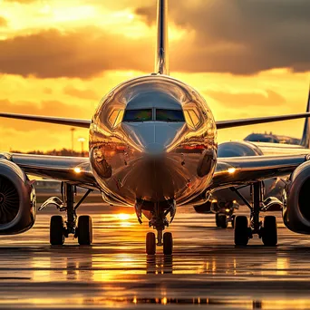 Airplanes parked on the tarmac during sunset - Image 1