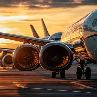 Airplanes parked on the tarmac during sunset - Image 3