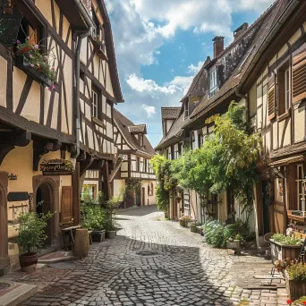 Quaint medieval village with cobblestone streets and timber-framed houses, lively marketplace in the square - Image 1