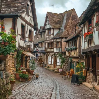 Quaint medieval village with cobblestone streets and timber-framed houses, lively marketplace in the square - Image 3