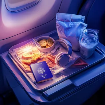 Travel essentials on an airplane tray including passport and snacks - Image 1