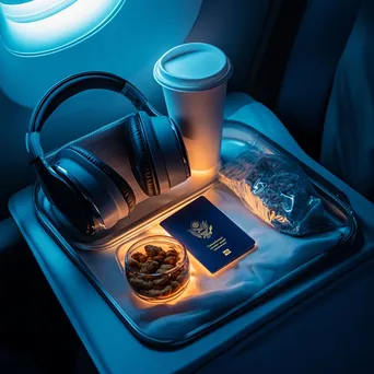 Travel essentials on an airplane tray including passport and snacks - Image 2