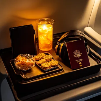 Travel essentials on an airplane tray including passport and snacks - Image 3