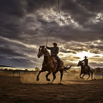 Trainers practicing lasso techniques in an outdoor round pen. - Image 1