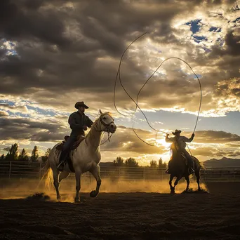 Trainers practicing lasso techniques in an outdoor round pen. - Image 2