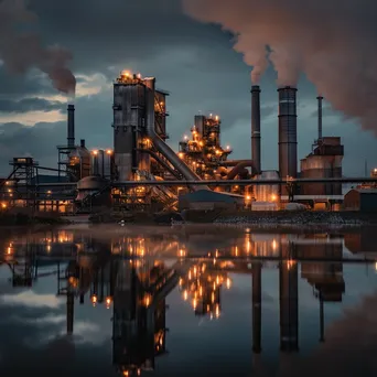 Modern steel manufacturing plant illuminated at dusk - Image 1