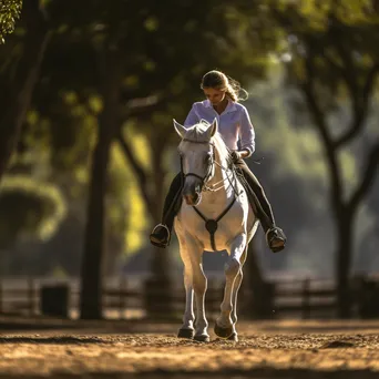 Trainer working with a horse in a sunlit arena during groundwork training. - Image 2