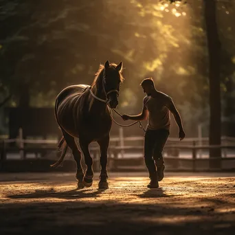 Trainer working with a horse in a sunlit arena during groundwork training. - Image 3