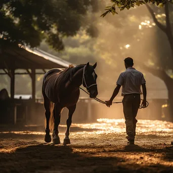 Trainer working with a horse in a sunlit arena during groundwork training. - Image 4