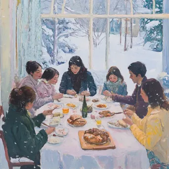 Community sharing warmth and food at a cozy winter potluck, painted in pastel colors - Image 1