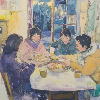 Community sharing warmth and food at a cozy winter potluck, painted in pastel colors - Image 3