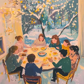 Community sharing warmth and food at a cozy winter potluck, painted in pastel colors - Image 4