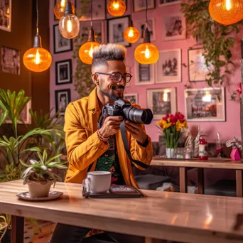 Influencer with DSLR camera in a trendy café - Image 2