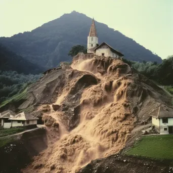 Mudslide cascading down a hillside, threatening to engulf a small village below - Image 4