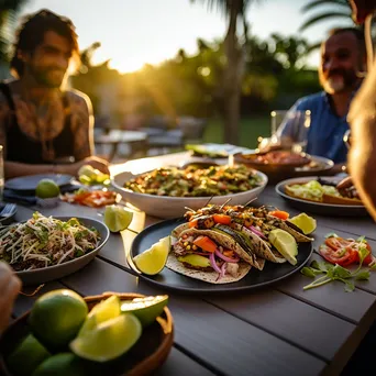 Family enjoying grilled fish tacos at a patio table - Image 2